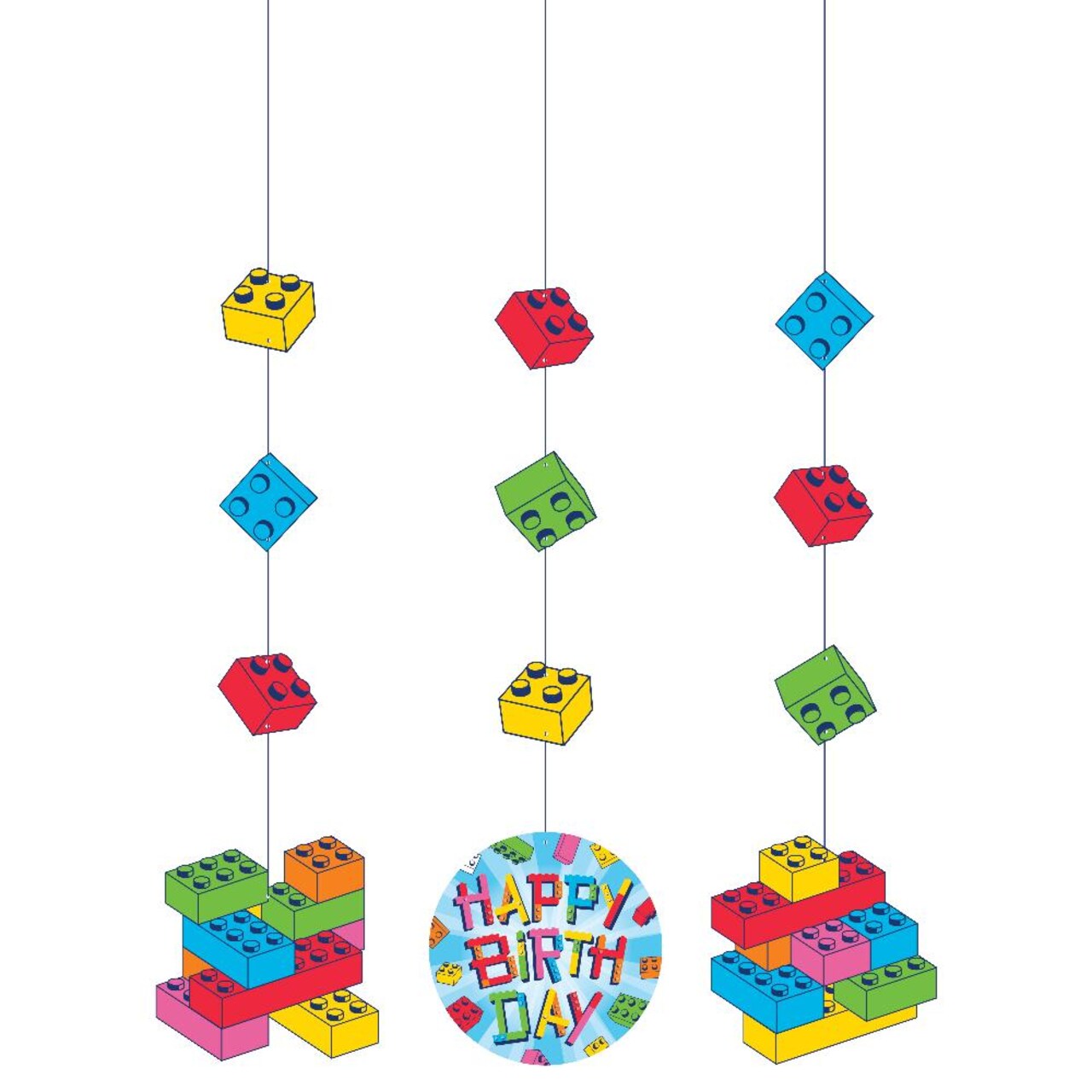 36/Case Bulk Block Bash "Happy Birthday" Toy Blocks Hanging Decorations